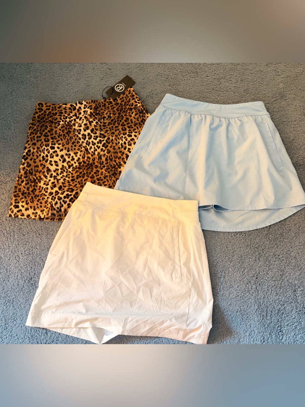 Women’s Skort Trio — Light Blue, White & Leopard Print